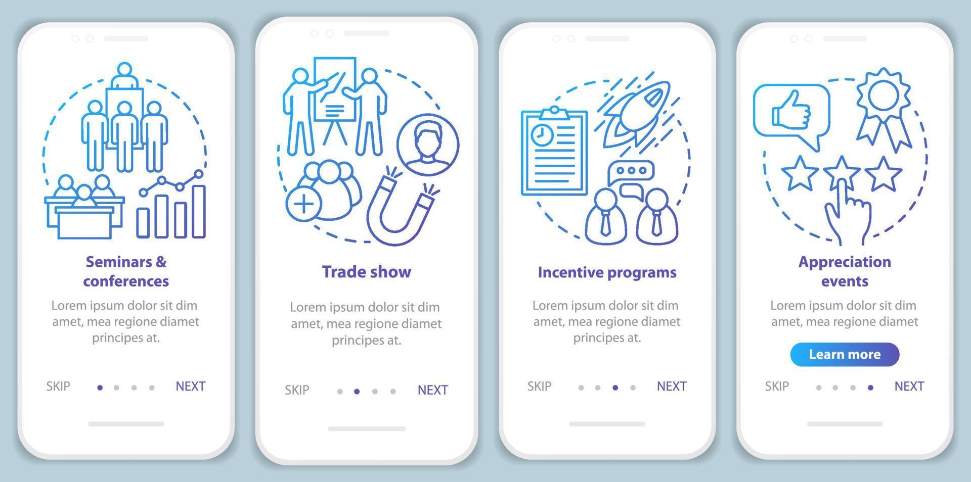 Corporate event management onboarding mobile app page screen with linear concepts. Seminars, conferences, incentive programs, appreciation events walkthrough instructions. UX, UI, GUI vector template