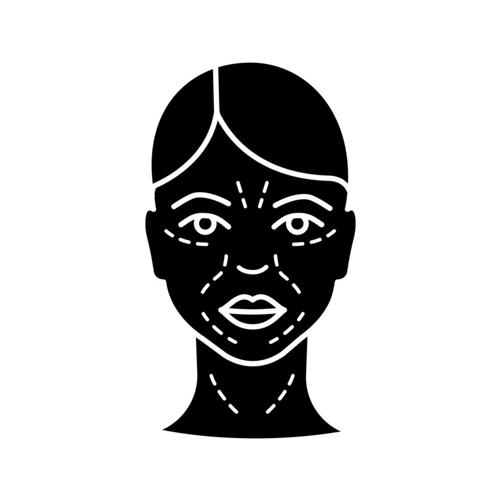 Mimic wrinkles glyph icon. Facial skin after thirty. Face ageing. Facial markup for cosmetic procedure. Silhouette symbol. Negative space. Vector isolated illustration