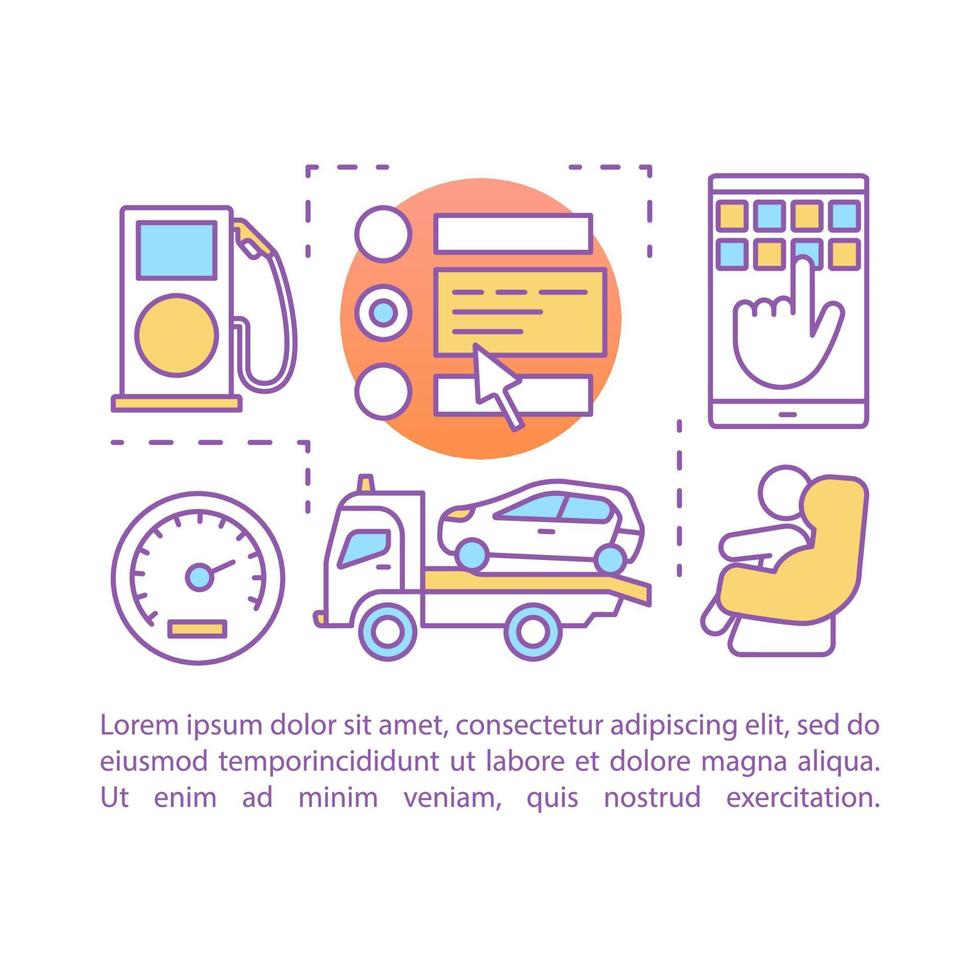 Car rental options concept linear illustration. Rent automobile. Choose add-ons. Article, brochure, magazine page layout. Auto leasing. Car hiring. Text box. Print design. Vector isolated drawing