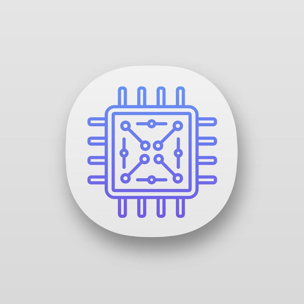 Processor with electronic circuits app icon. UI UX interface. Microprocessor with microcircuits. Chip, microchip, chipset. CPU. Central processing. Integrated circuit. Vector isolated illustration