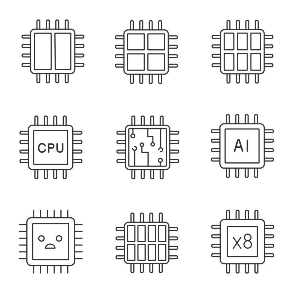 conjunto de iconos lineales de procesadores. octa, seis, dual, chip de cuatro núcleos, cpu, temperatura del microprocesador, triste, procesador. símbolos de línea delgada. ilustraciones aisladas de contorno vectorial. trazo editable vector