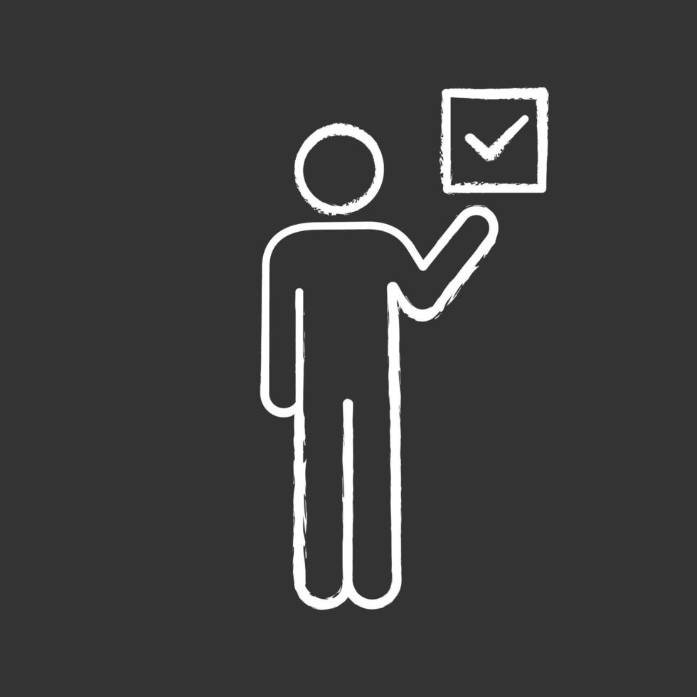 Voter chalk icon. Electorate. Make choice. Person holding checkbox. Expressing opinion. Isolated vector chalkboard illustration