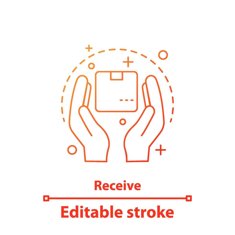 Parcel receiving concept icon. Delivery service idea thin line illustration. Shipment. Shipping. Parcel in hands. Vector isolated outline drawing. Editable stroke