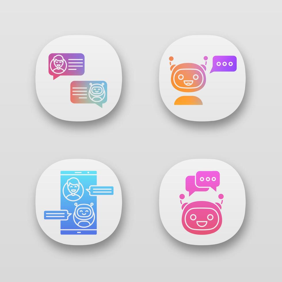 Chatbots app icons set. UI UX user interface. Virtual assistants. Messenger and chat bots. Modern robots. Smartphone and laptop chatterbots. Web or mobile applications. Vector isolated illustrations