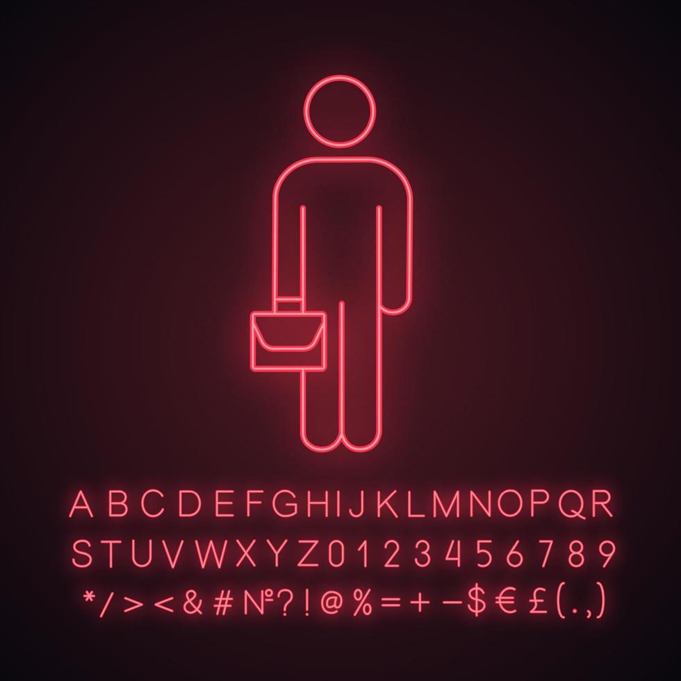 Businessman neon light icon. Worker. Investor, manager. Person with briefcase. Glowing sign with alphabet, numbers and symbols. Vector isolated illustration