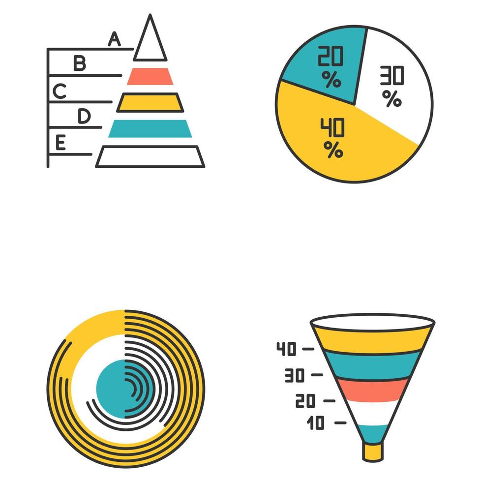 Chart and graph color icons set. Pie diagram. Pyramid chart. Polar watch. Funnel infographic. Marketing conversion strategy. Business model, economic report. Isolated vector illustrations