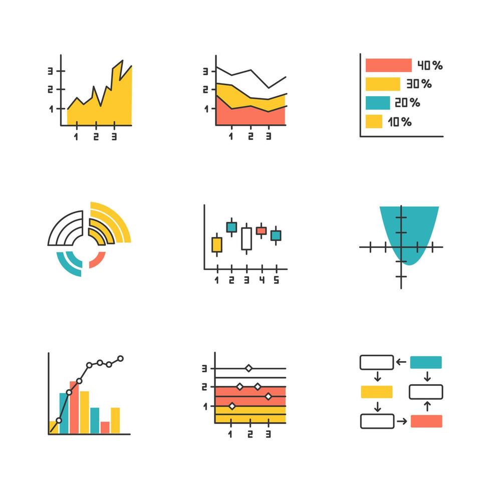 Chart and graph color icons set. Horizontal histogram. Area chart with segments. Function curve. Radial diagram. Pareto curve. Figure chart. Data connection and wiring. Isolated vector illustrations