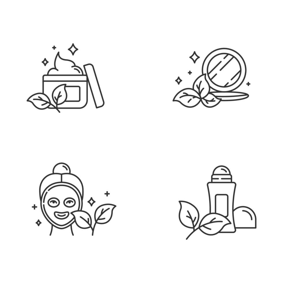 Organic cosmetics linear icons set. Face cream. Pressed makeup powder. Facial mask. Deodorant. Eco beauty products. Thin line contour symbols. Isolated vector outline illustrations. Editable stroke