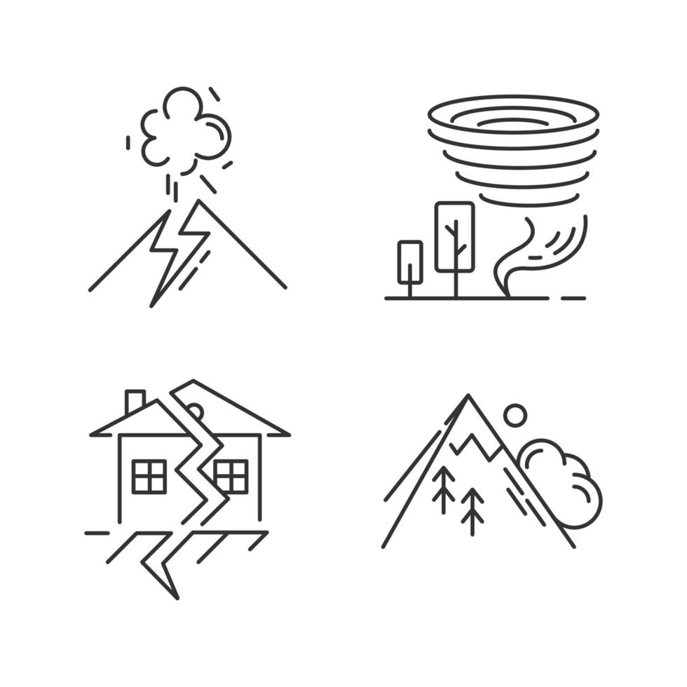 conjunto de iconos lineales de desastres naturales. erupción volcánica, terremoto, tornado, avalancha. gestión de emergencias. símbolos de contorno de línea delgada. ilustraciones aisladas de contorno vectorial. trazo editable vector