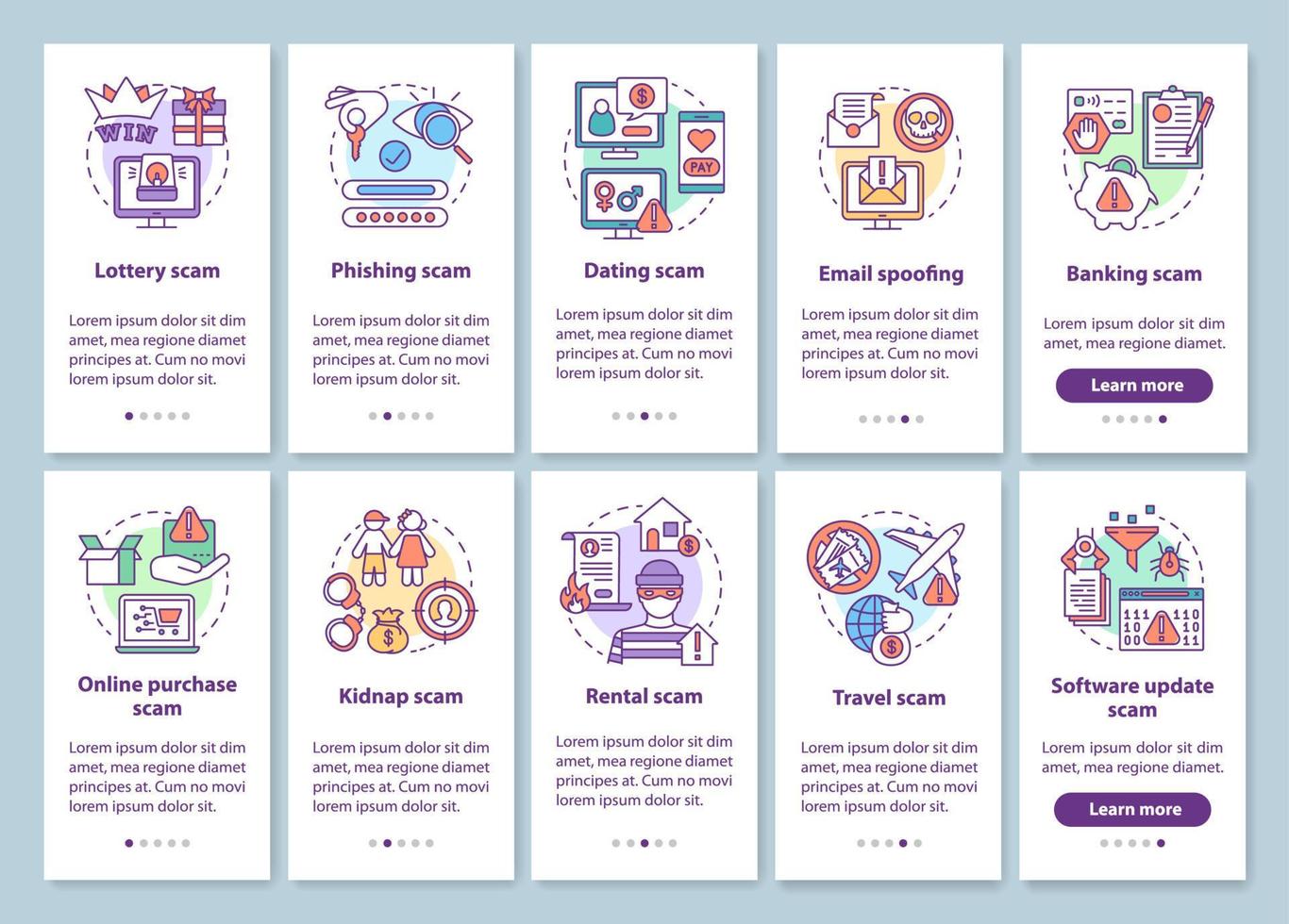 Scam types onboarding mobile app page screen with linear concepts. Ten walkthrough steps graphic instructions. Travel, banking scam. Email spoofing. UX, UI, GUI vector template with illustrations
