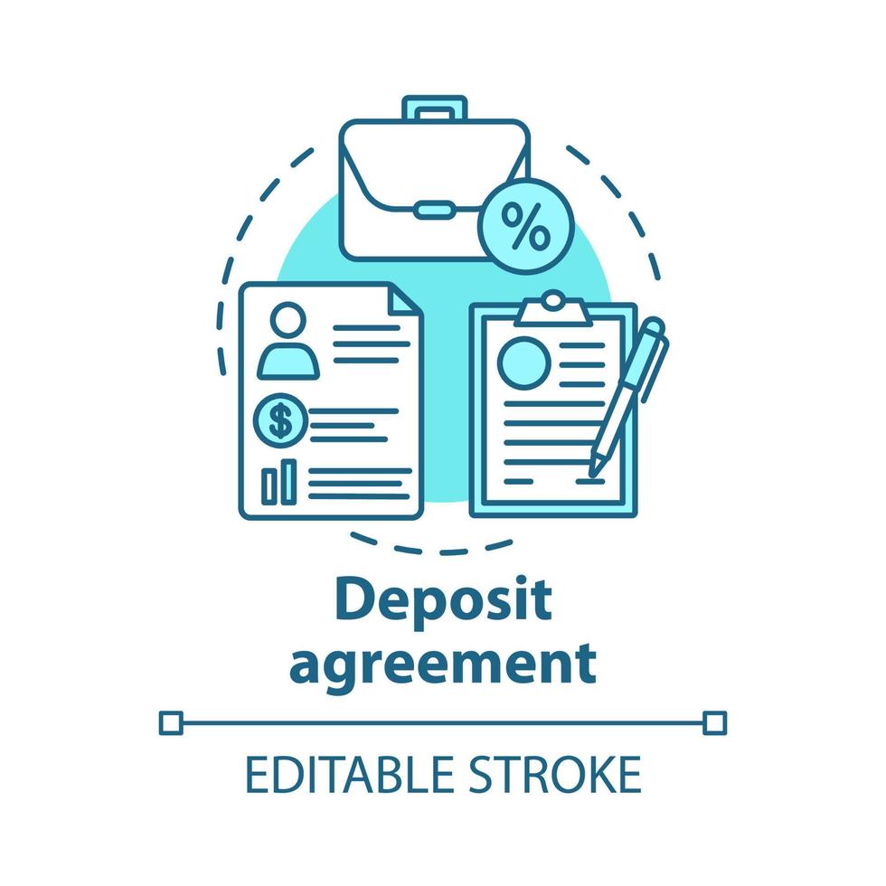 Deposit agreement concept icon. Savings idea thin line illustration. Signing bank contract, legal documentation. Constructing financial contract. Vector isolated outline drawing. Editable stroke