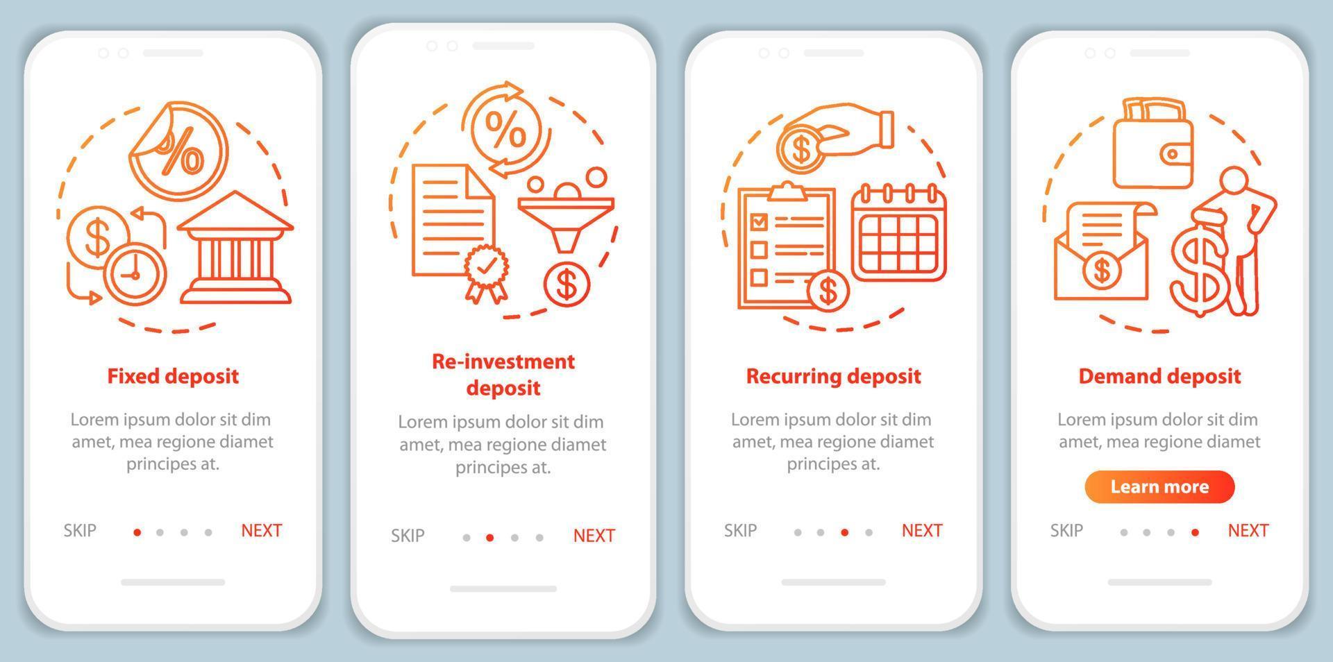 Savings, deposit investment onboarding mobile app page screen vector template. Different deposit types. Walkthrough website steps with linear illustrations. UX, UI, GUI smartphone interface concept