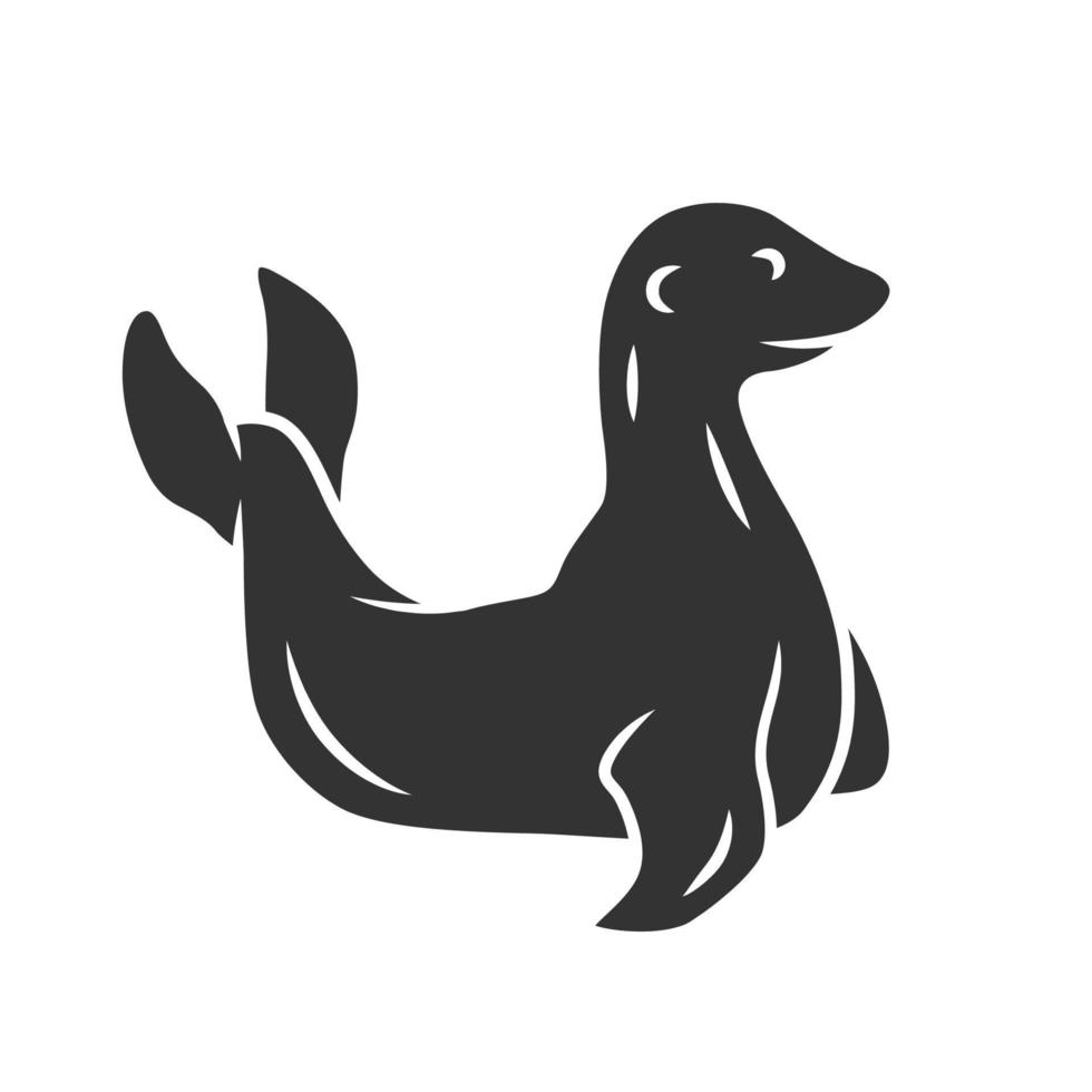 Seal glyph icon. Pinniped mammal. Antarctic sea lion. Oceanography and zoology. Aquatic ocean animal with flippers. Wildlife creature. Silhouette symbol. Negative space. Vector isolated illustration