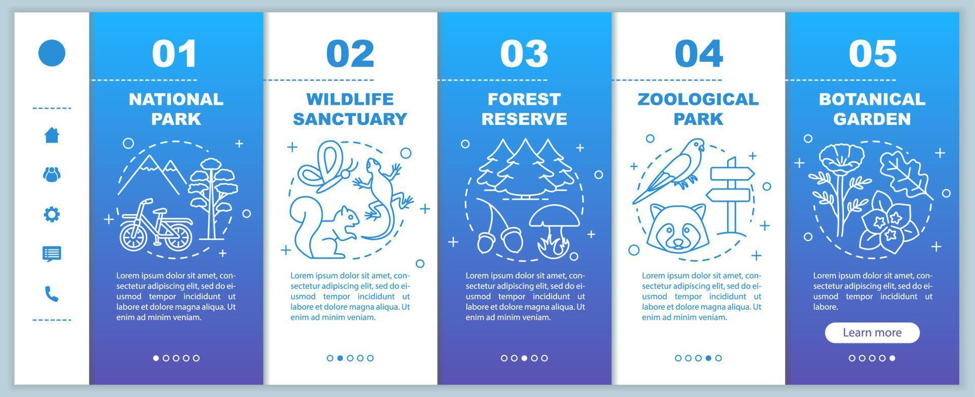 Protected areas for biodiversity onboarding mobile web pages vector template. Park. Responsive smartphone website interface idea with linear icons. Webpage walkthrough step screens. Color concept