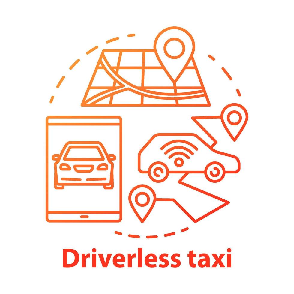 Driverless taxi concept icon. Robo-Cab. Navigation in autonomous car. Rout for self-driving vehicle. Mobile taxi service idea thin line illustration. Vector isolated outline drawing. Editable stroke