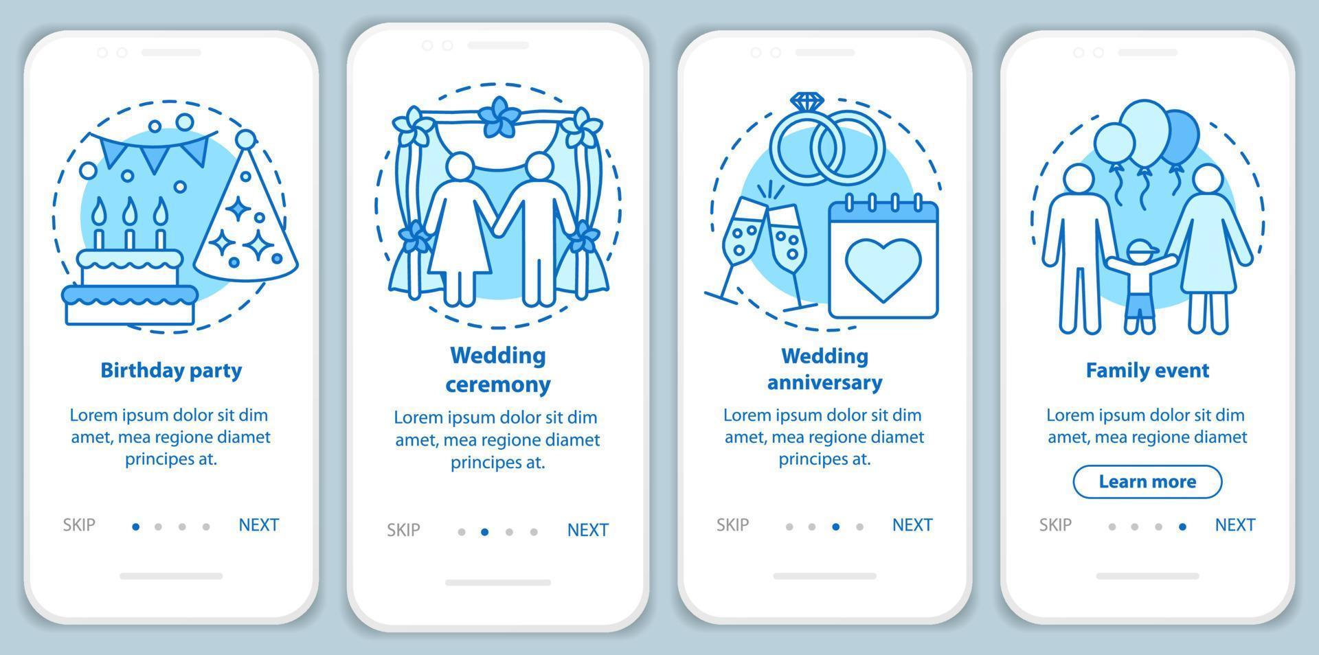 gestión de eventos, servicios de planificación incorporando la pantalla de la página de la aplicación móvil con conceptos. fiesta de cumpleaños, tutorial de ceremonia de boda instrucciones gráficas. ux, ui, plantilla vectorial gui con ilustraciones vector