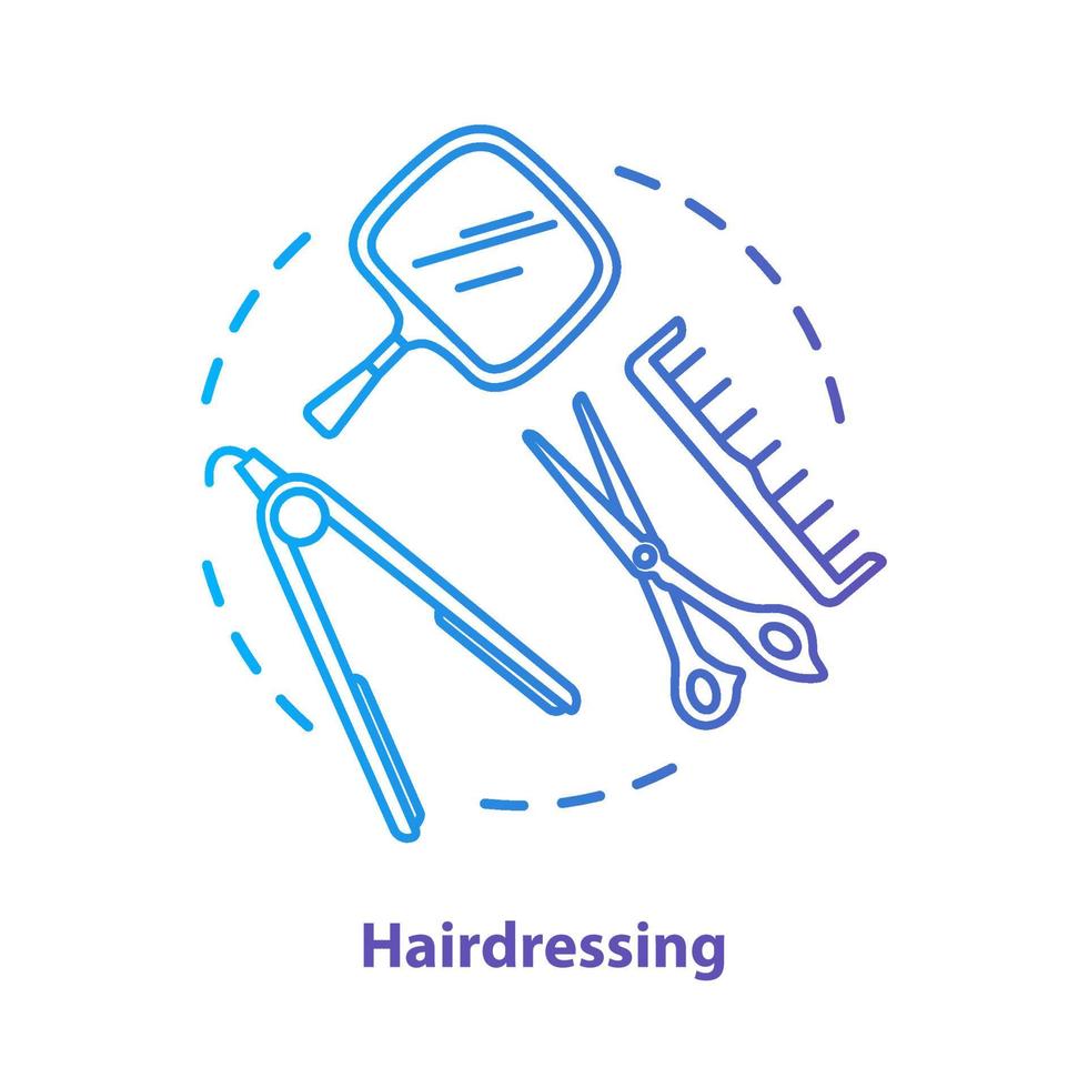 Hairdressing blue concept icon. Hairdresser salon professional equipment idea thin line illustration. Scissors, straightening iron. Blue gradient vector isolated outline drawing. Editable stroke