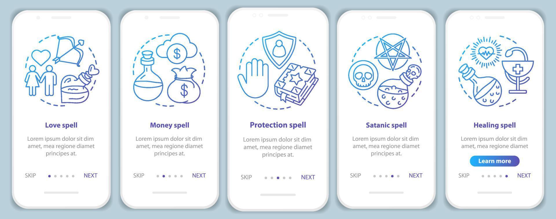 Spells onboarding mobile app page screen vector template. Love, healing, protection magic walkthrough website steps with linear illustrations. UX, UI, GUI smartphone interface concept