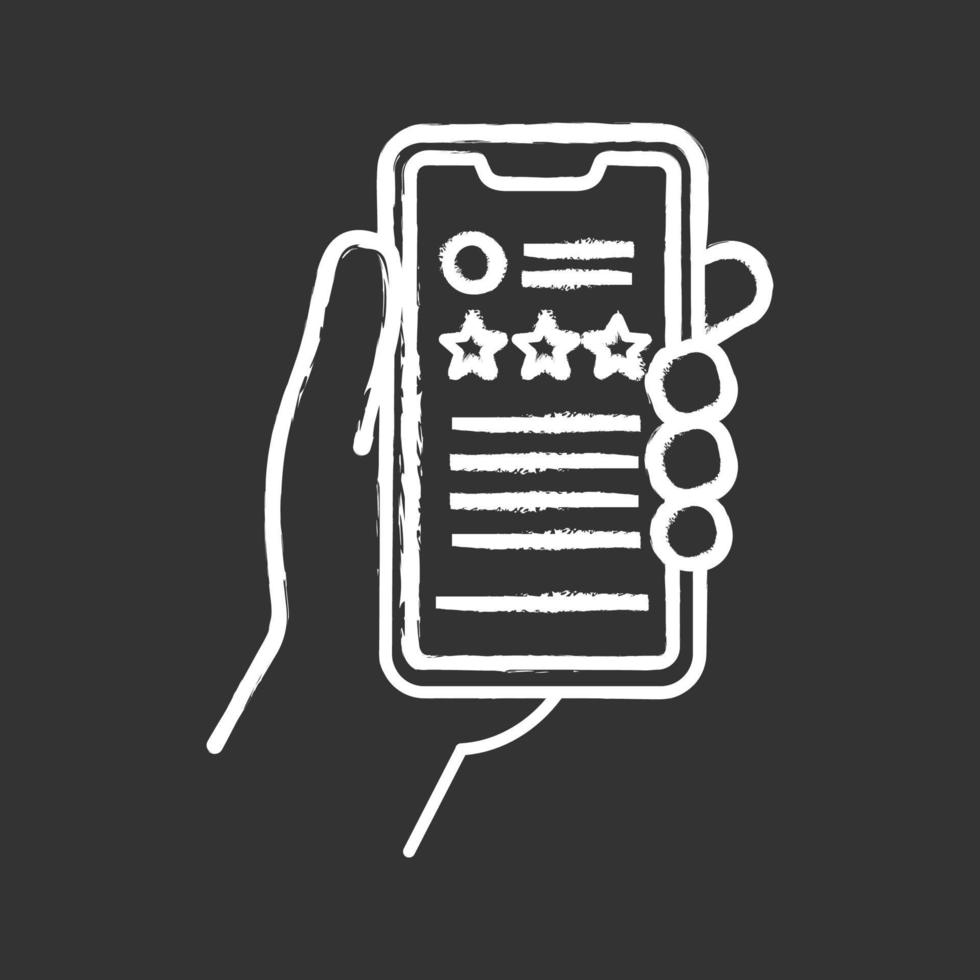 App rating chalk icon. Customer feedback application. Ranking. Reviews. Hand holding smartphone. Isolated vector chalkboard illustration