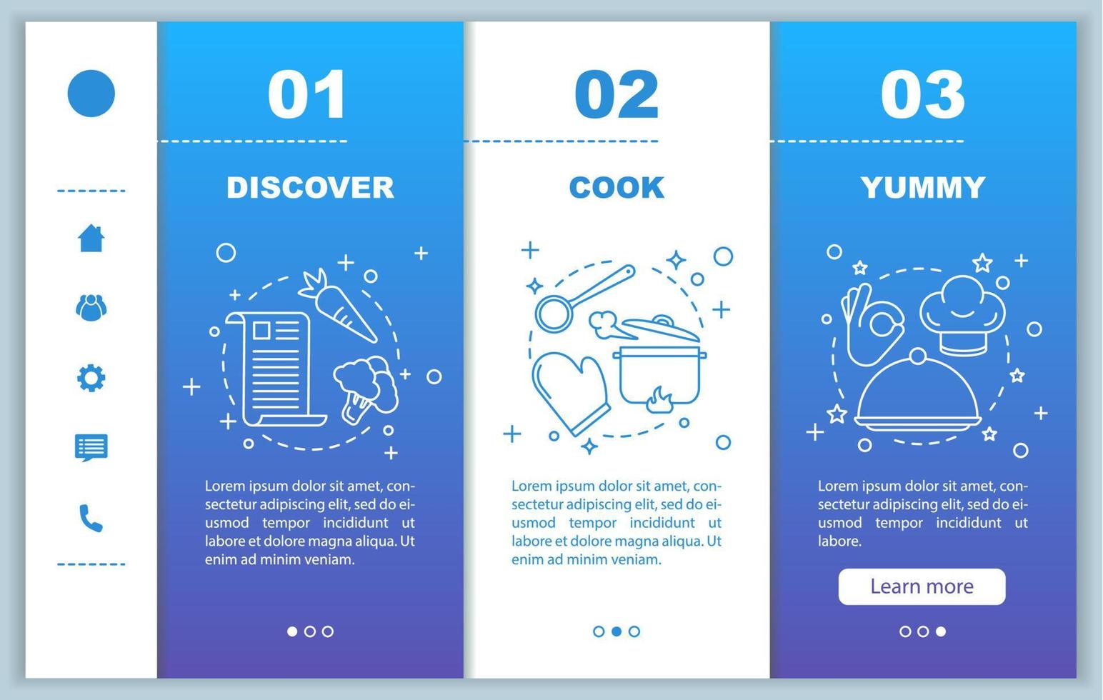 Cooking food onboarding mobile web pages vector template. Discover recipes, meal preparation, yummy. Responsive smartphone website interface idea with illustrations. Webpage walkthrough step screens