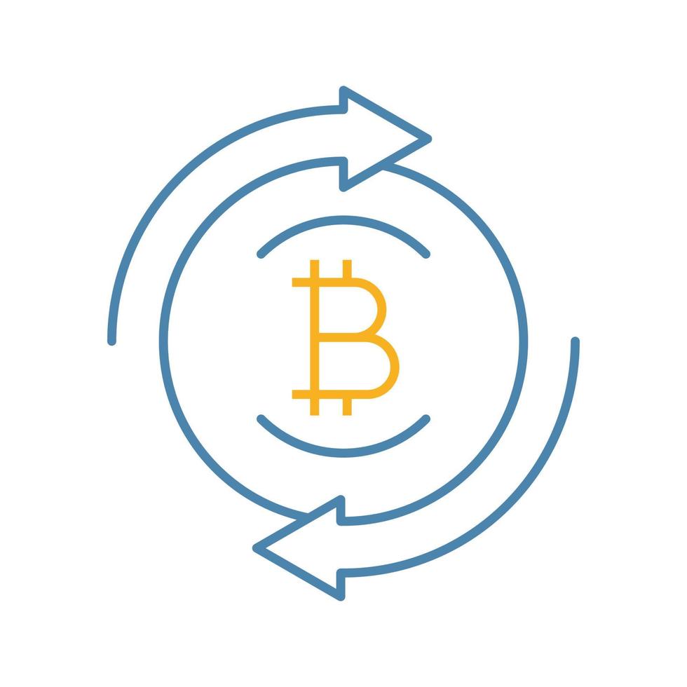 Bitcoin exchange color icon. Digital currency transaction. Circle arrows with bitcoin coin inside. Refund cryptocurrency. Isolated vector illustration