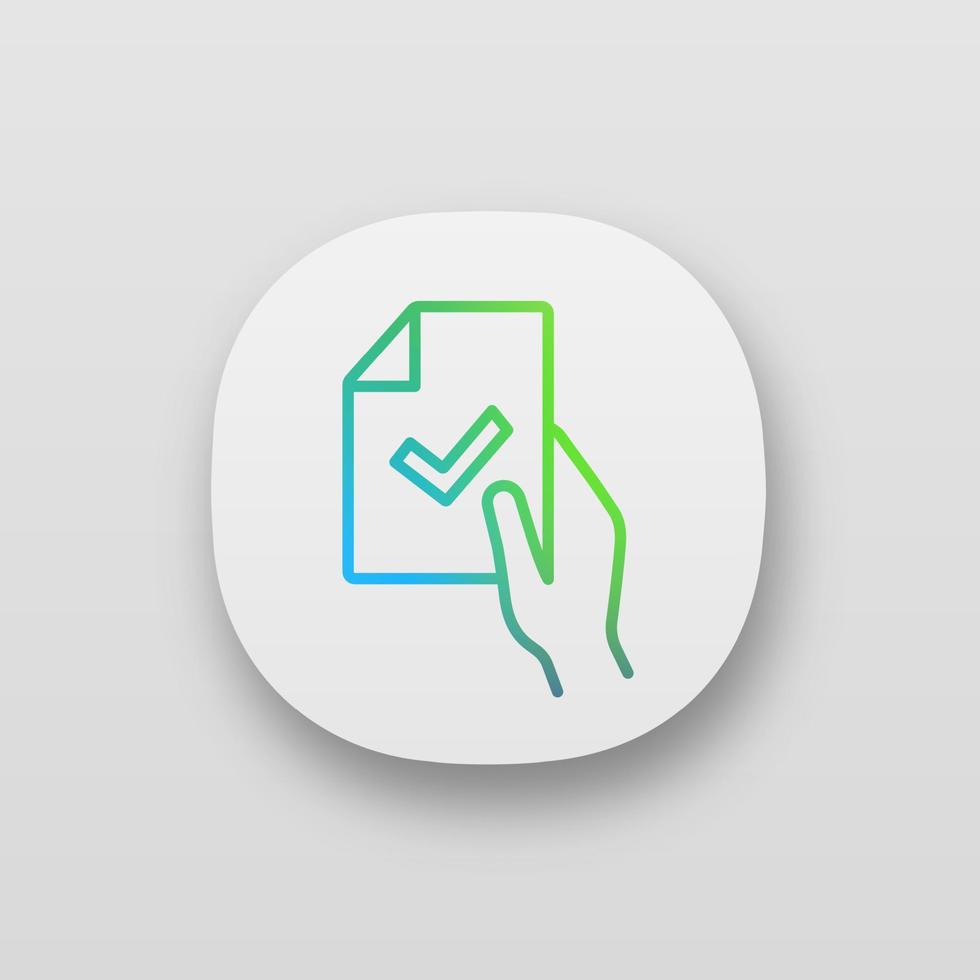 Contract signing app icon. Business agreement. Test or exam successfully completed. Document verification. UI UX user interface. Approved. Web or mobile application. Vector isolated illustration