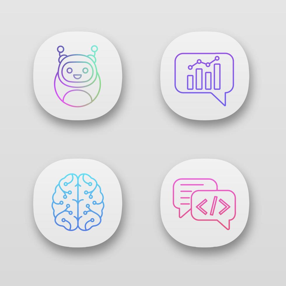 Chatbots app icons set. UI UX user interface. Virtual assistants. Code, statistics, support chat bots. Modern robots. Digital brain. AI. Web or mobile applications. Vector isolated illustrations
