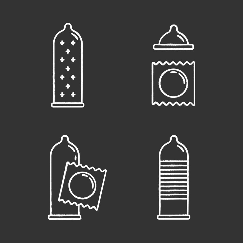 Condom chalk icons set. Safe sex. Female latex reusable contraceptive with dots in package. Preservative method. Pregnancy prevention, STI risk precaution. Isolated vector chalkboard illustrations