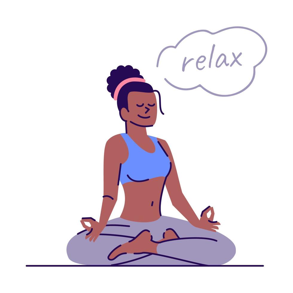 Girl relaxing in lotus position flat vector illustration. Yoga padmasana pose. Harmony of mind. Young woman meditating isolated cartoon character with outline elements on white background
