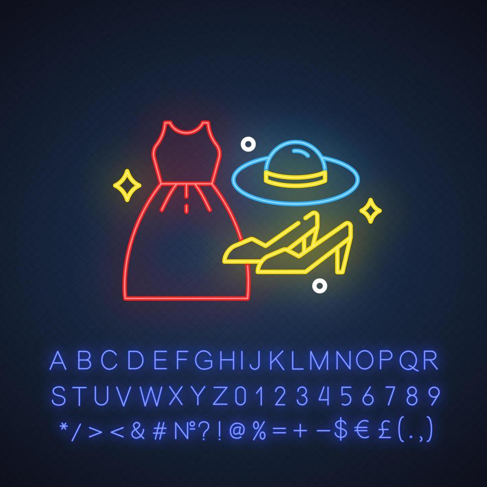 Women fashion neon light icon. Female clothing, shoes. Apparel details. E commerce department, online shopping categories. Glowing sign with alphabet, numbers and symbols. Vector isolated illustration