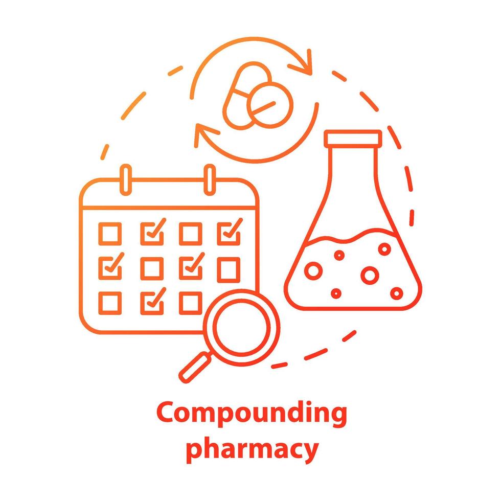 Compounding pharmacy concept icon. Personalized medications idea thin line illustration. Medication treatment schedule. Drugs mixing, compatibility. Vector isolated outline drawing