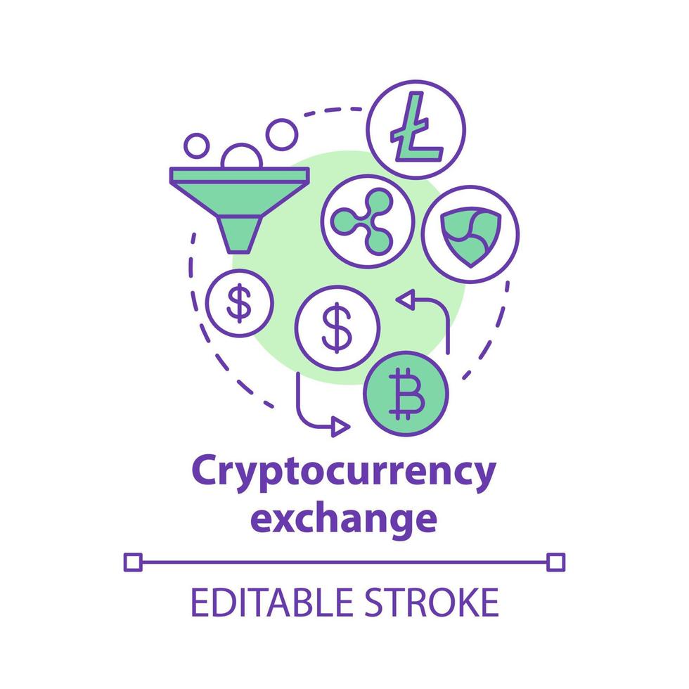 Cryptocurrency exchange concept icon. Trading digital currency for other assets idea thin line illustration. Online business. Payment method. Vector isolated outline drawing. Editable stroke