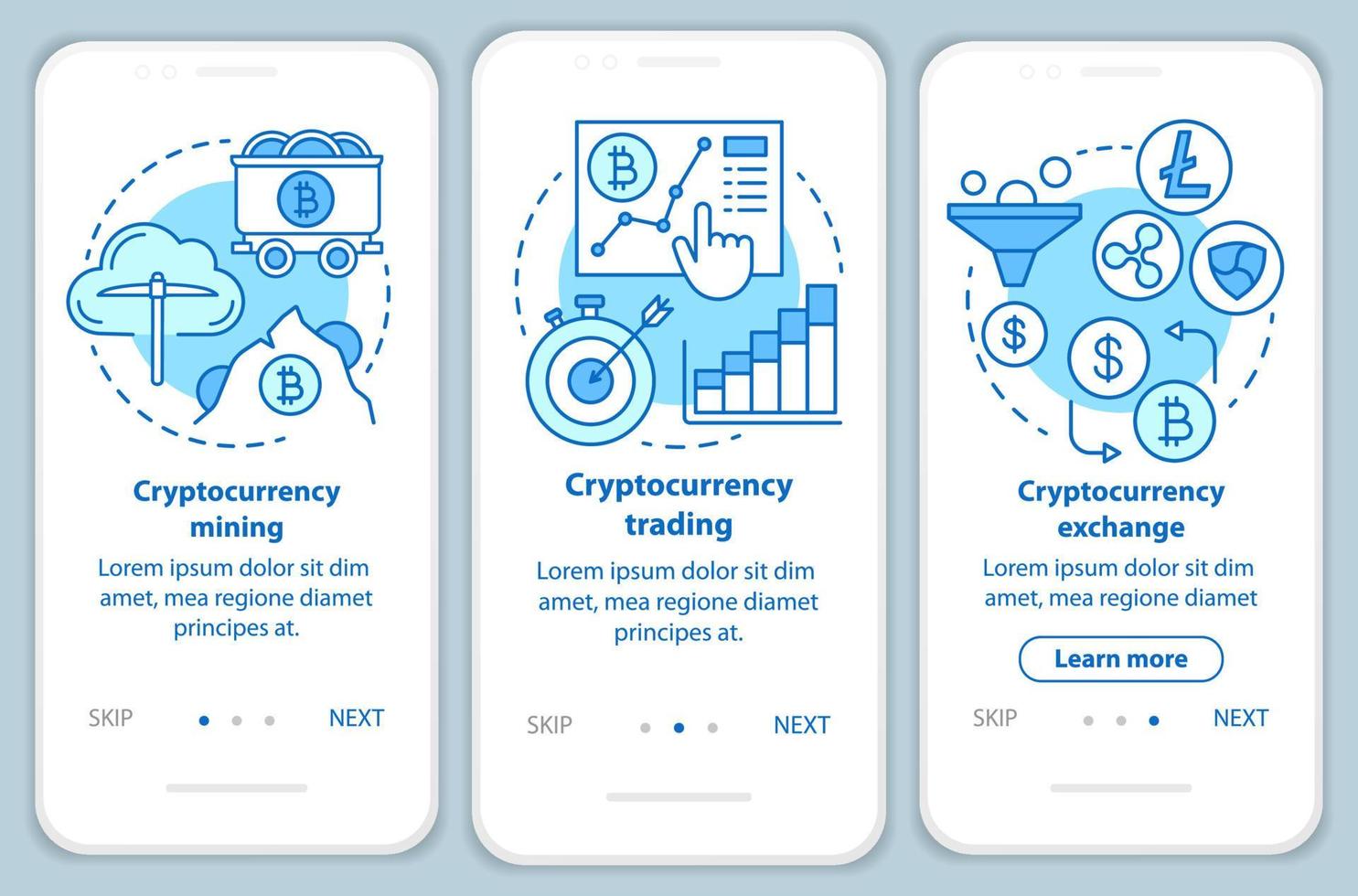 pantalla de la página de la aplicación móvil de incorporación de criptomonedas con conceptos lineales. Instrucciones gráficas azules para la minería de criptomonedas, el comercio y el intercambio. ux, ui, plantilla gui con ilustraciones vector