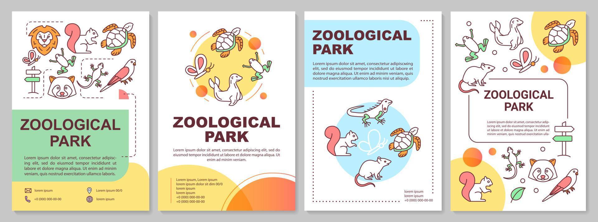 Zoological park brochure template layout. Zoo animals. Flyer, booklet, leaflet print design with linear illustrations. Vector page layouts for magazines, annual reports, advertising posters