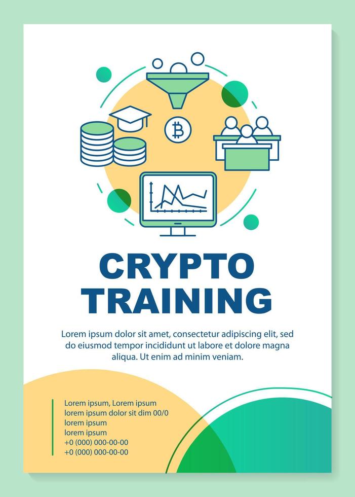Cryptocurrency mining training poster template layout. Crypto trading business course. Banner, booklet, leaflet print design with icons. Vector brochure page layouts for magazines, advertising flyers