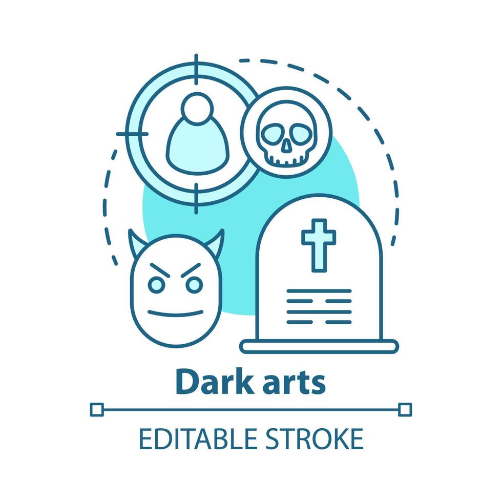 Dark arts concept icon. Occultism and witchcraft idea thin line illustration. Black magic, evil spell. Gravestone, devil and target with skull vector isolated outline drawing. Editable stroke