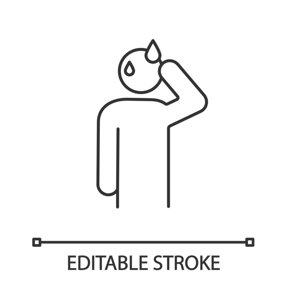 Sweating man linear icon. Cold sweat. Thin line illustration. Worrying and nervous person. Anxiety and stress. Panic. Physiological stress symptoms. Vector isolated outline drawing. Editable stroke