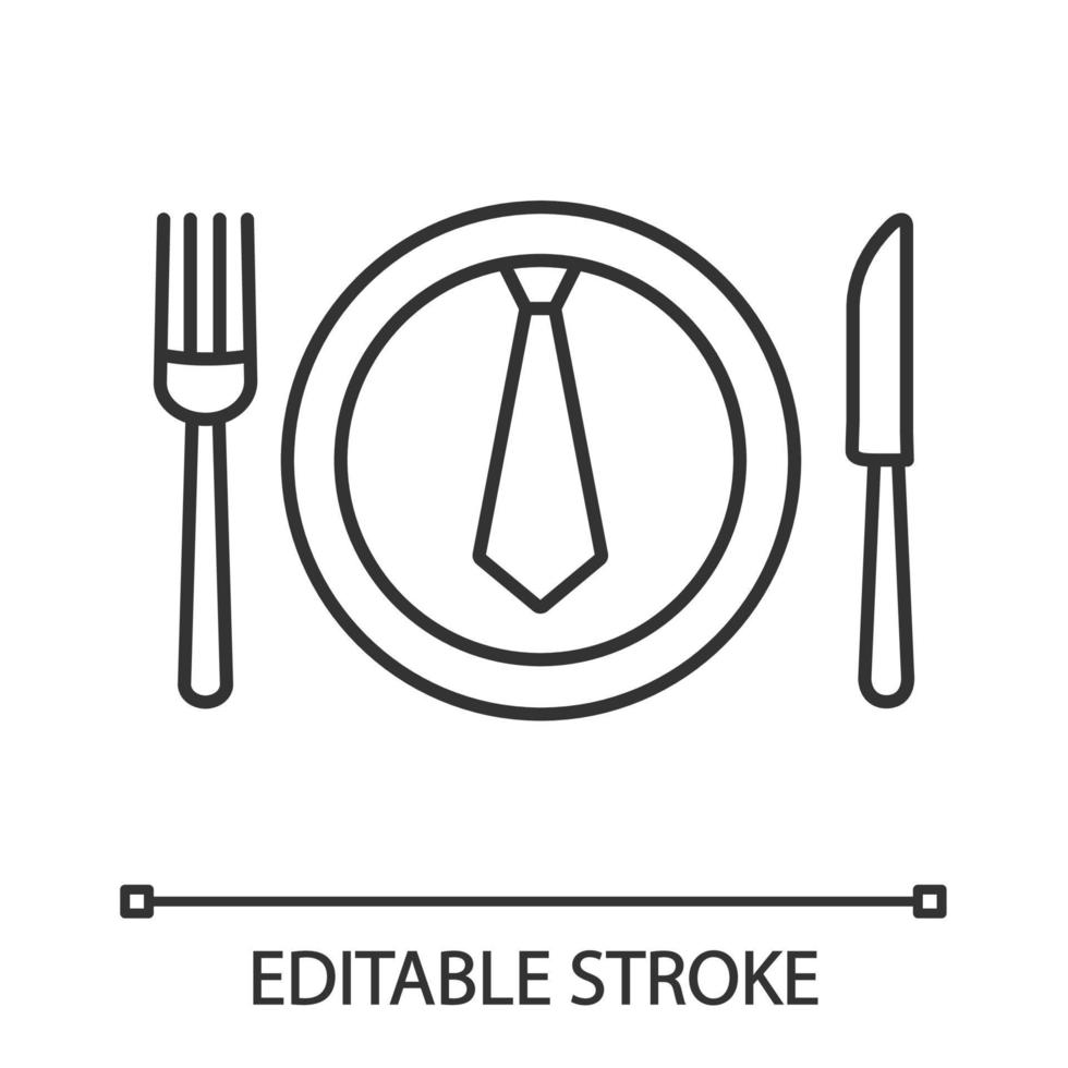 Business lunch, dinner linear icon. Discussing business over meal. Thin line illustration. Table knife, fork and plate with tie inside. Contour symbol. Vector isolated outline drawing. Editable stroke