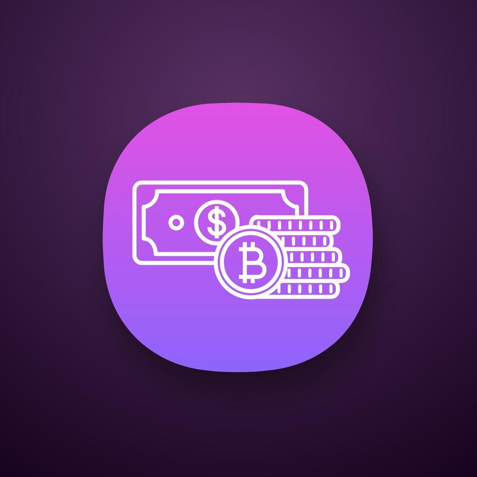 Bitcoin coins stack and dollar banknote app icon. UI UX user interface. Cryptocurrency investment. Savings. Digital money deposit. Web or mobile application. Vector isolated illustration