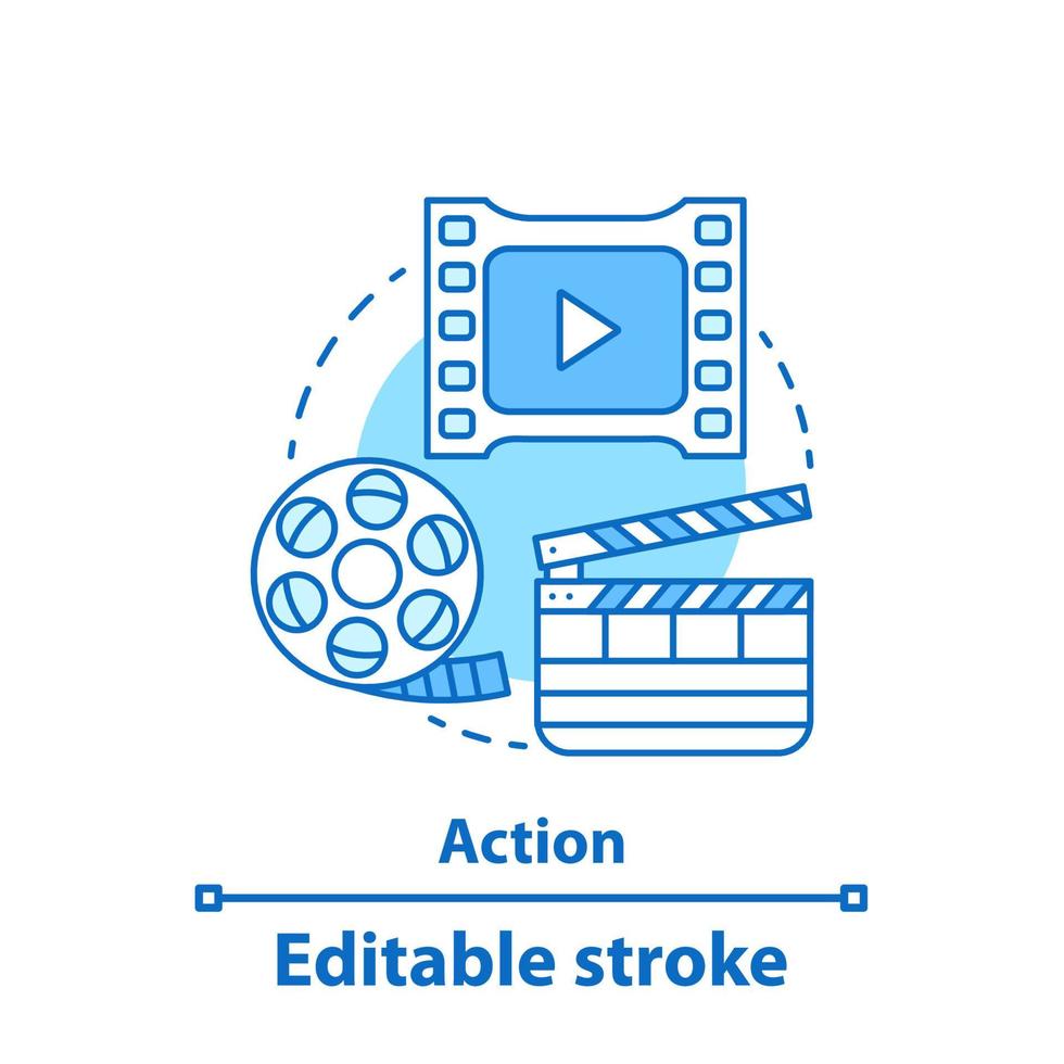 Action concept icon. Cinema. Movie theater idea thin line illustration. Animation. Multimedia. Clapperboard, filmstrip roll, film frame. Vector isolated outline drawing. Editable stroke