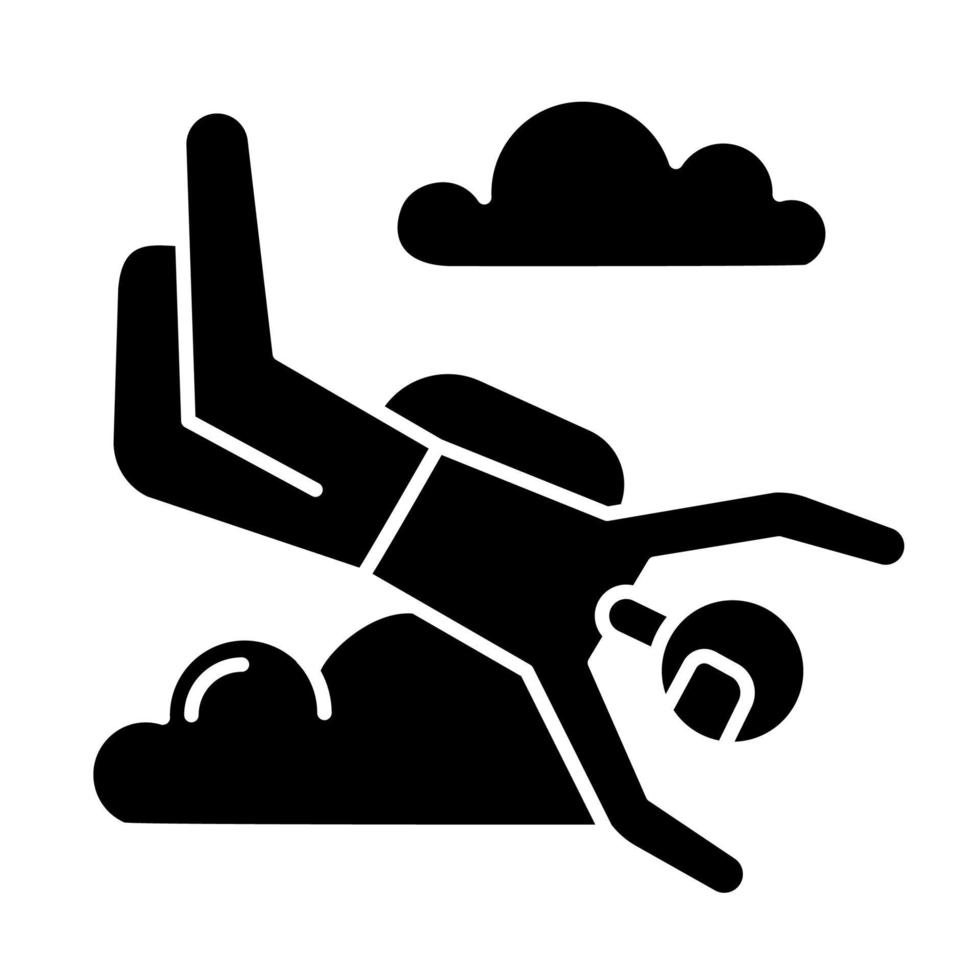 Skydiving glyph icon. Sky diving. Freefall tricks. Skydiver jumping with parachute. Air extreme sport flight stunt. Parachutist flying in sky. Silhouette symbol. Vector isolated illustration