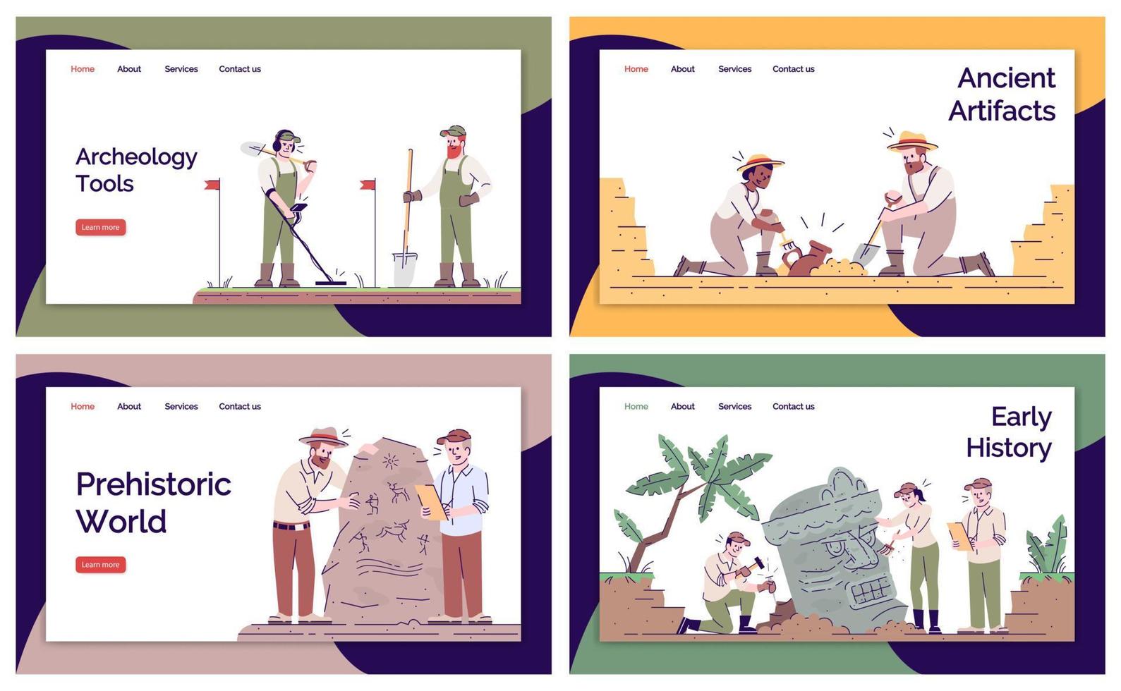 Archeology landing page vector template set. Archeological expedition website interface idea with flat illustrations. Historical researching homepage layout. Web banner, webpage cartoon concept