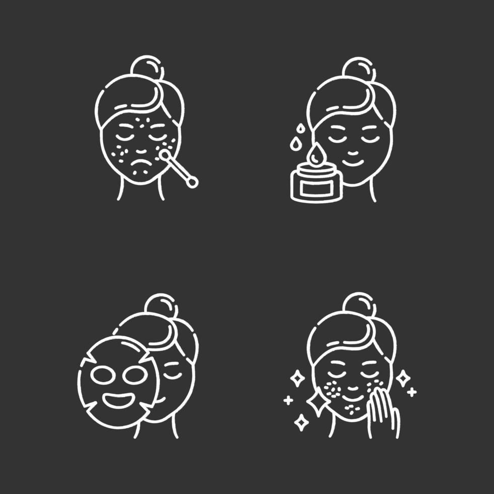 Skin care procedures chalk icons set. Spot treatment for blackheads. Problematic skin. Applying sheet cotton mask. Using beauty water. Cosmetics, makeup. Isolated vector chalkboard illustrations