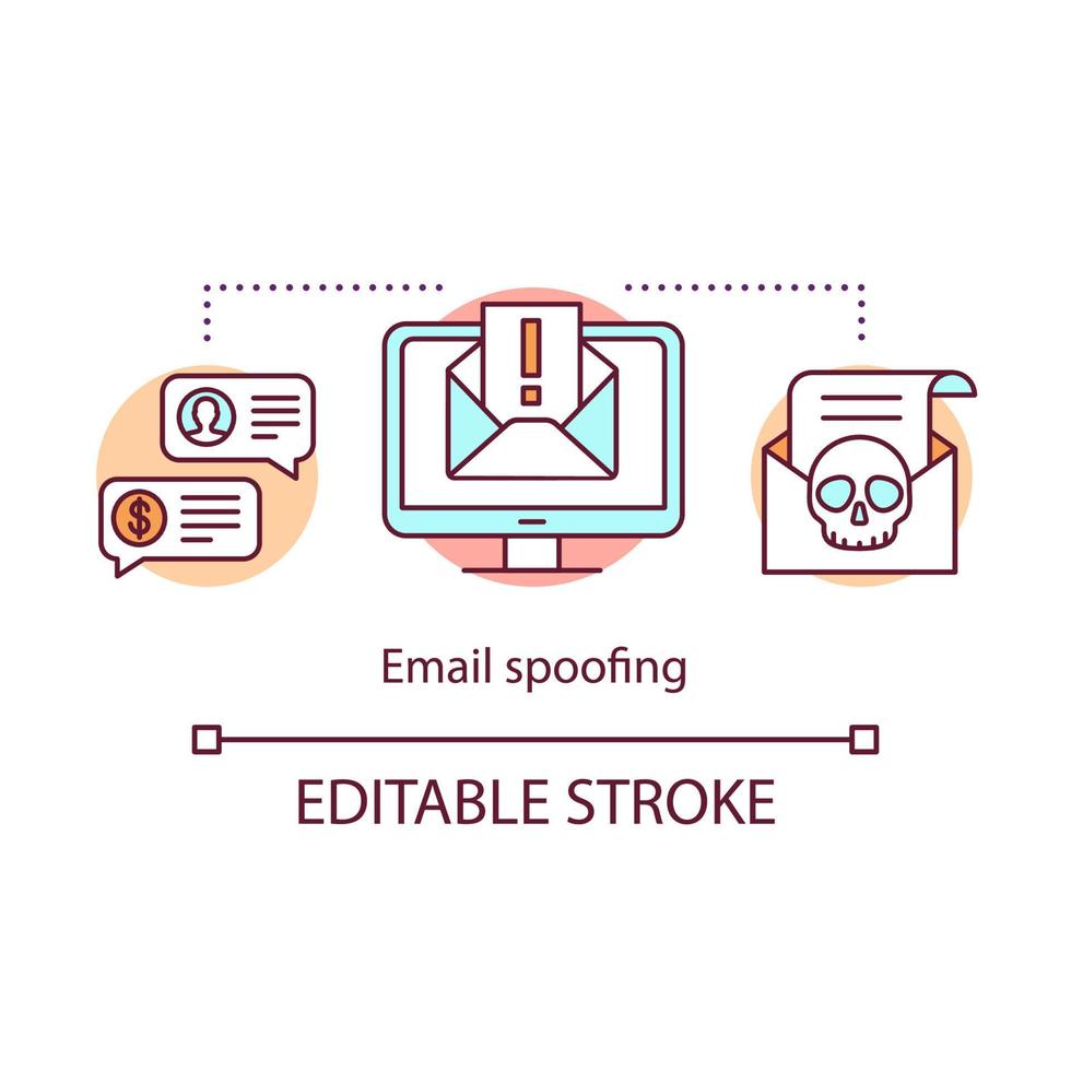 icono de concepto de suplantación de correo electrónico. ilustración de línea delgada de idea de estafa. ataque de suplantación de identidad. mensajes de spam fraude en línea. piratería de internet. robar información personal. dibujo de contorno aislado vectorial. trazo editable vector