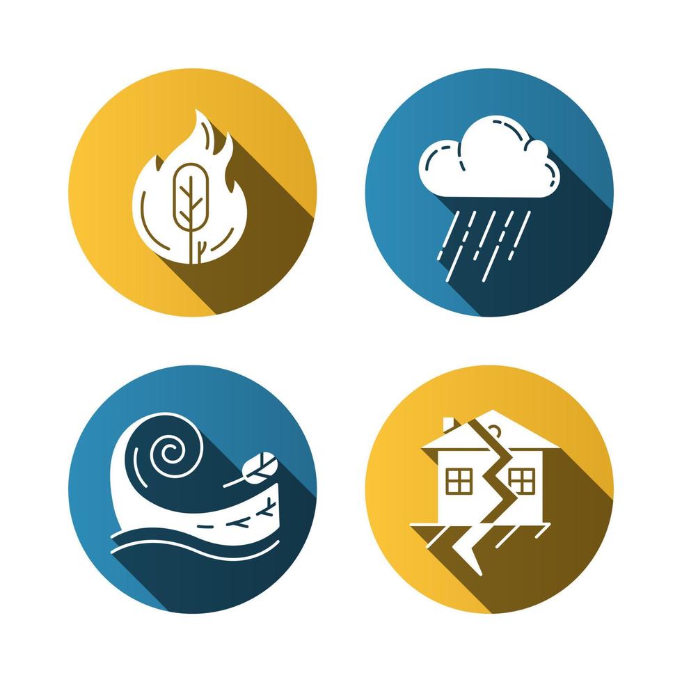 Natural disaster flat design long shadow glyph icons set. Global catastrophes. Wildfire, earthquake, tsunami, downpour. Destructive force of nature. Vector silhouette illustration