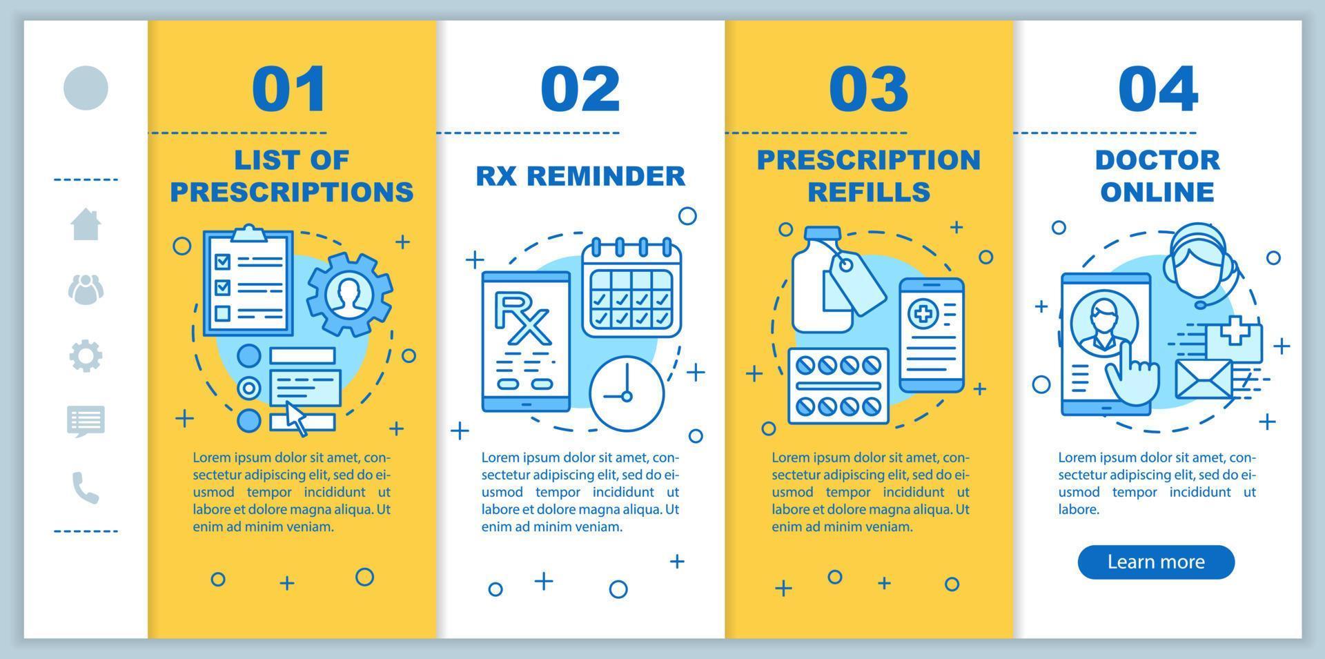 Online pharmacy, service onboarding mobile web pages vector template. Responsive smartphone website interface idea with linear illustrations. Webpage walkthrough step screens. Color concept