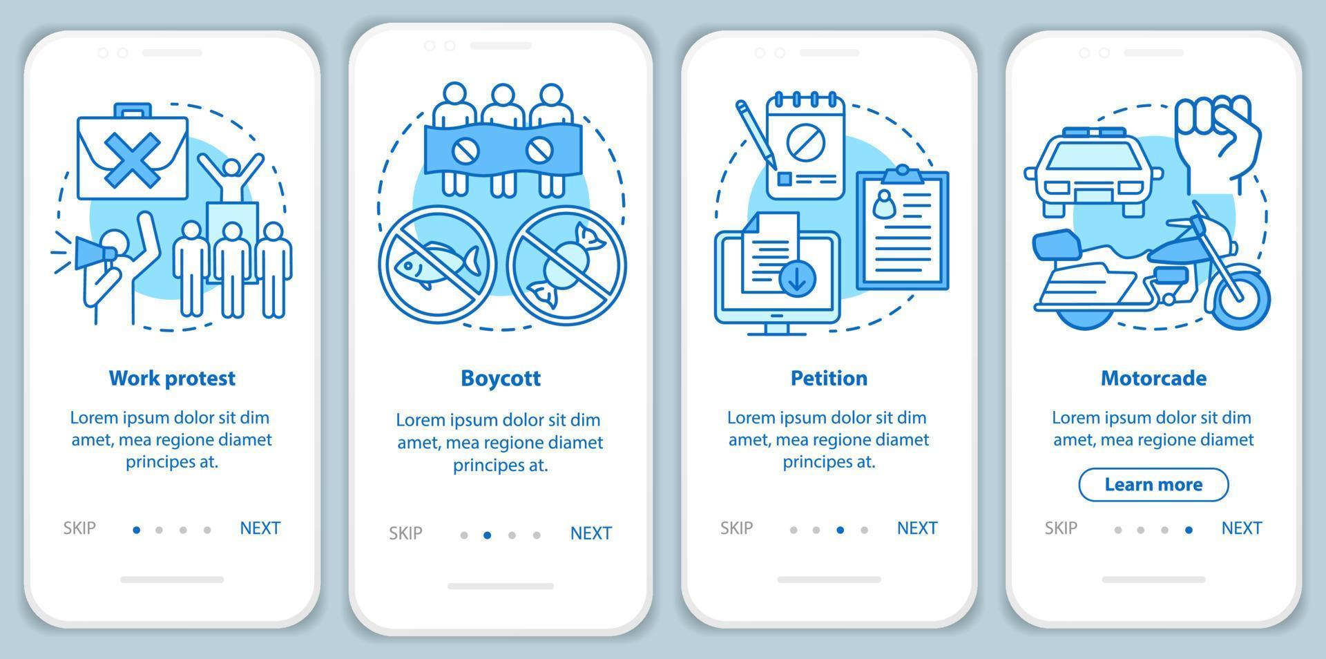 Public protest onboarding mobile app page screen with linear concepts. Boycott and social demonstration walkthrough steps graphic instructions. UX, UI, GUI vector template with illustrations