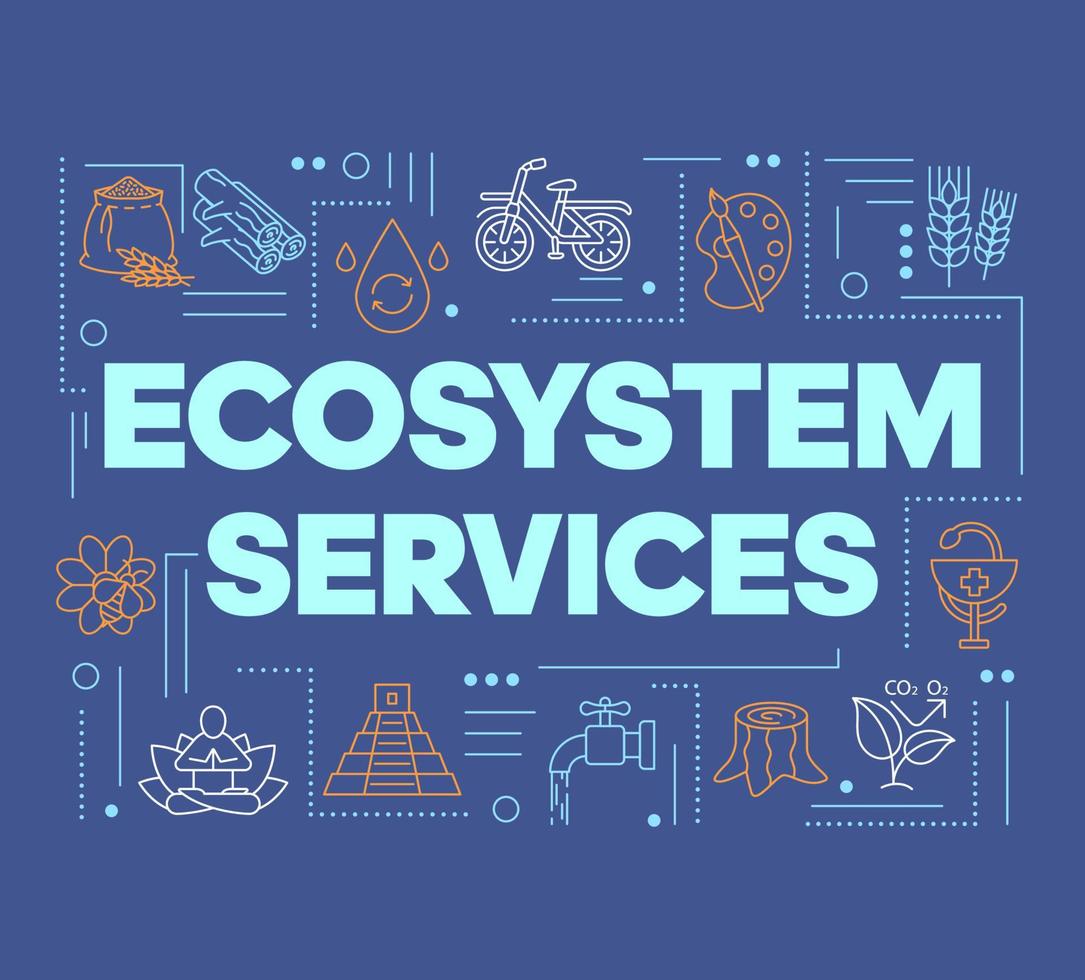 Ecosystem services word concepts banner. Presentation, website. Provisioning and regulating services. Farming. Isolated lettering typography idea with linear icons. Vector outline illustration