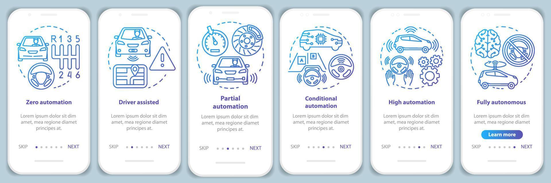 Driverless car stages onboarding mobile app page screen with linear concepts. Vehicle development walkthrough steps graphic instructions. UX, UI, GUI vector template with illustrations