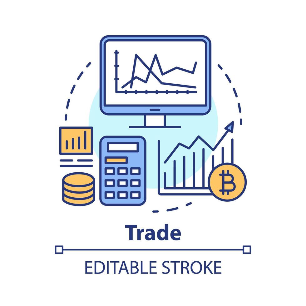 Trade concept icon. Investing and stock market idea thin line illustration. Bitcoin trading. Cryptocurrency exchange. Financial transaction analysis. Vector isolated outline drawing. Editable stroke
